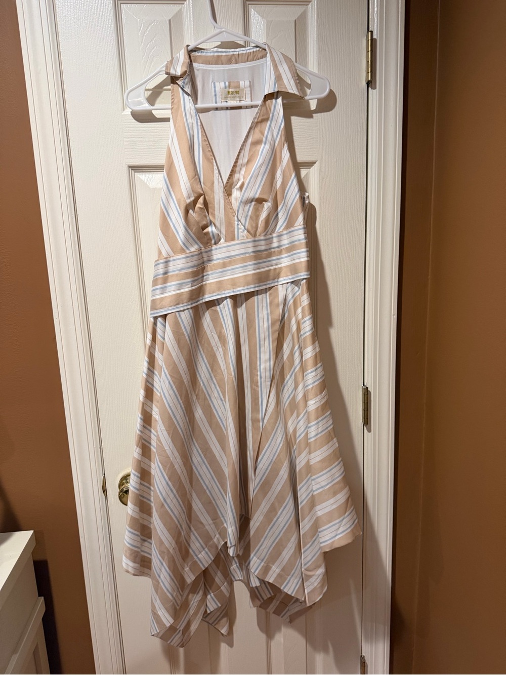 Beige and White Striped Halter Dress